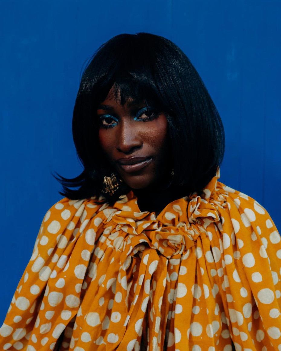 Nyȯsi Polkadot Ruffle Neck Puff Blouse with Matching Godet Mini Skirt NYOSI