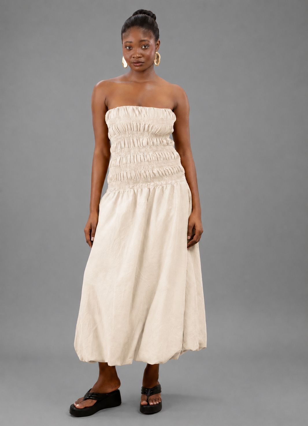 Twentysix Beige Linen Bulb Midi Dress Twentysix