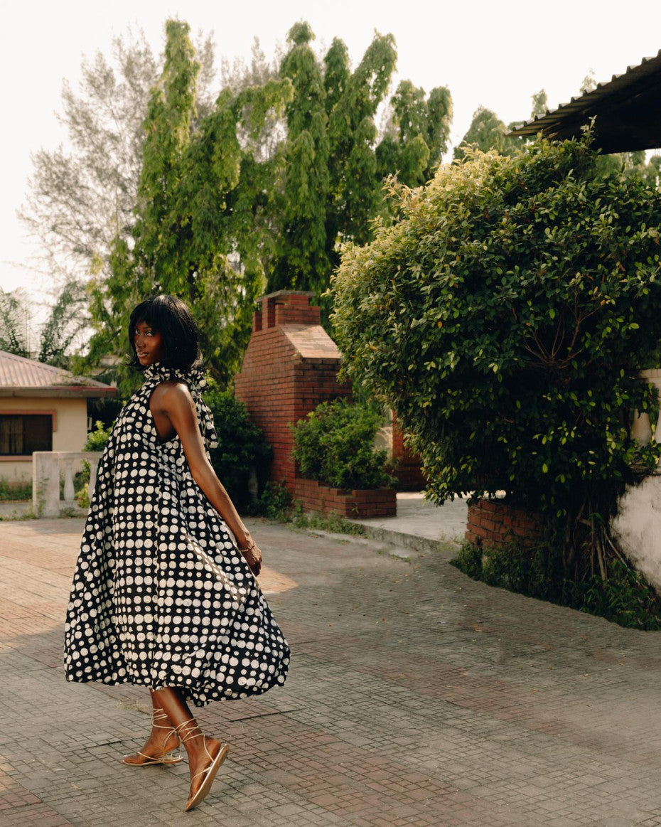 Nyȯsi Polkadot Puff Maxi Dress with Ruffle Neck Detail NYOSI