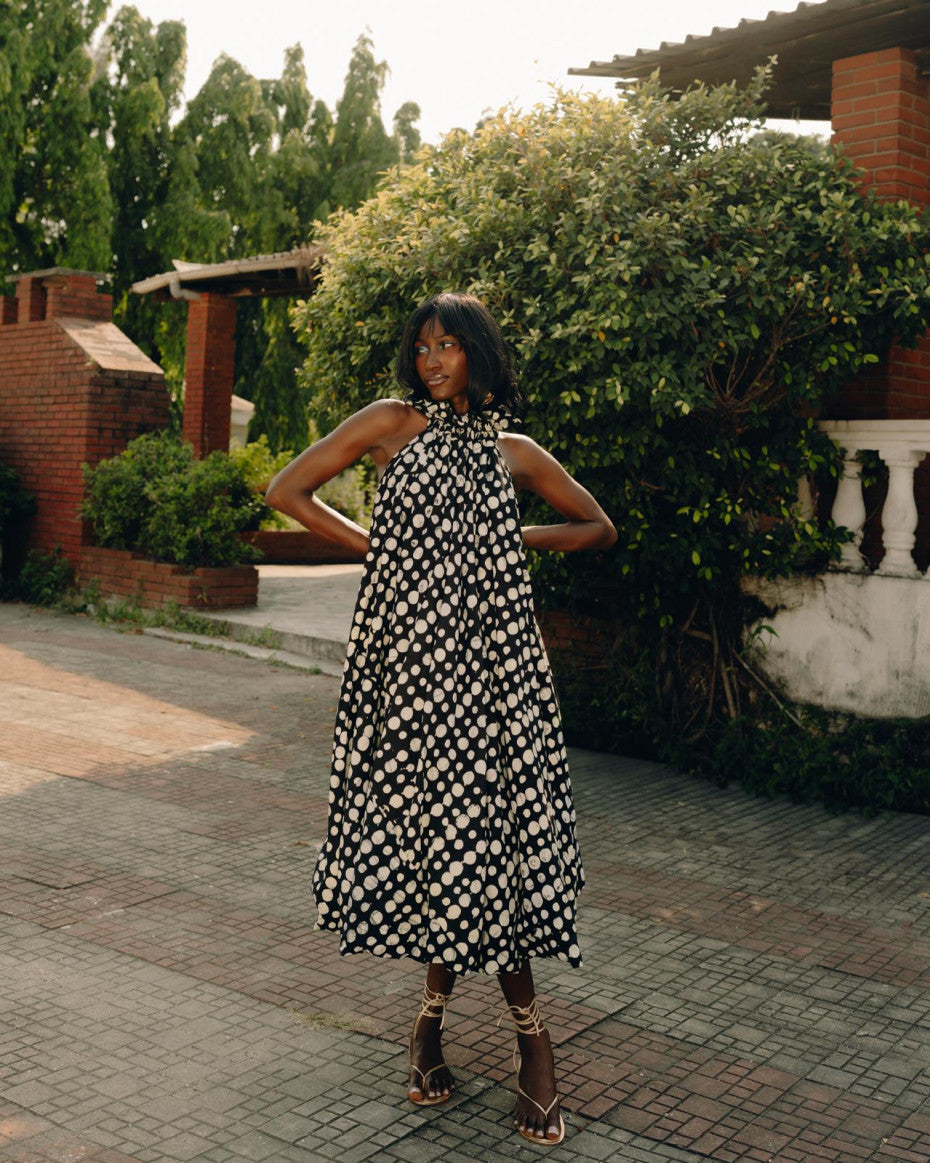 Nyȯsi Polkadot Puff Maxi Dress with Ruffle Neck Detail NYOSI