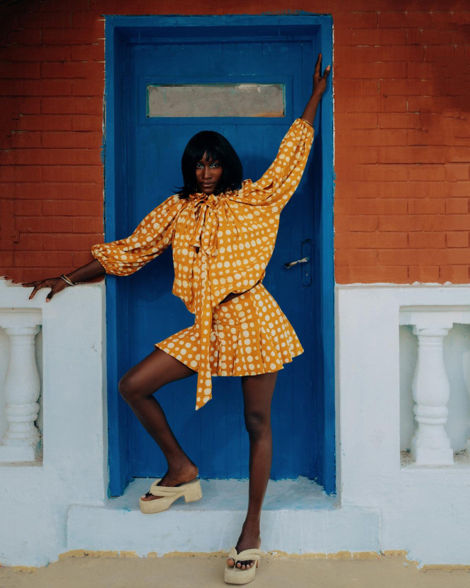 Nyȯsi Polkadot Ruffle Neck Puff Blouse with Matching Godet Mini Skirt NYOSI