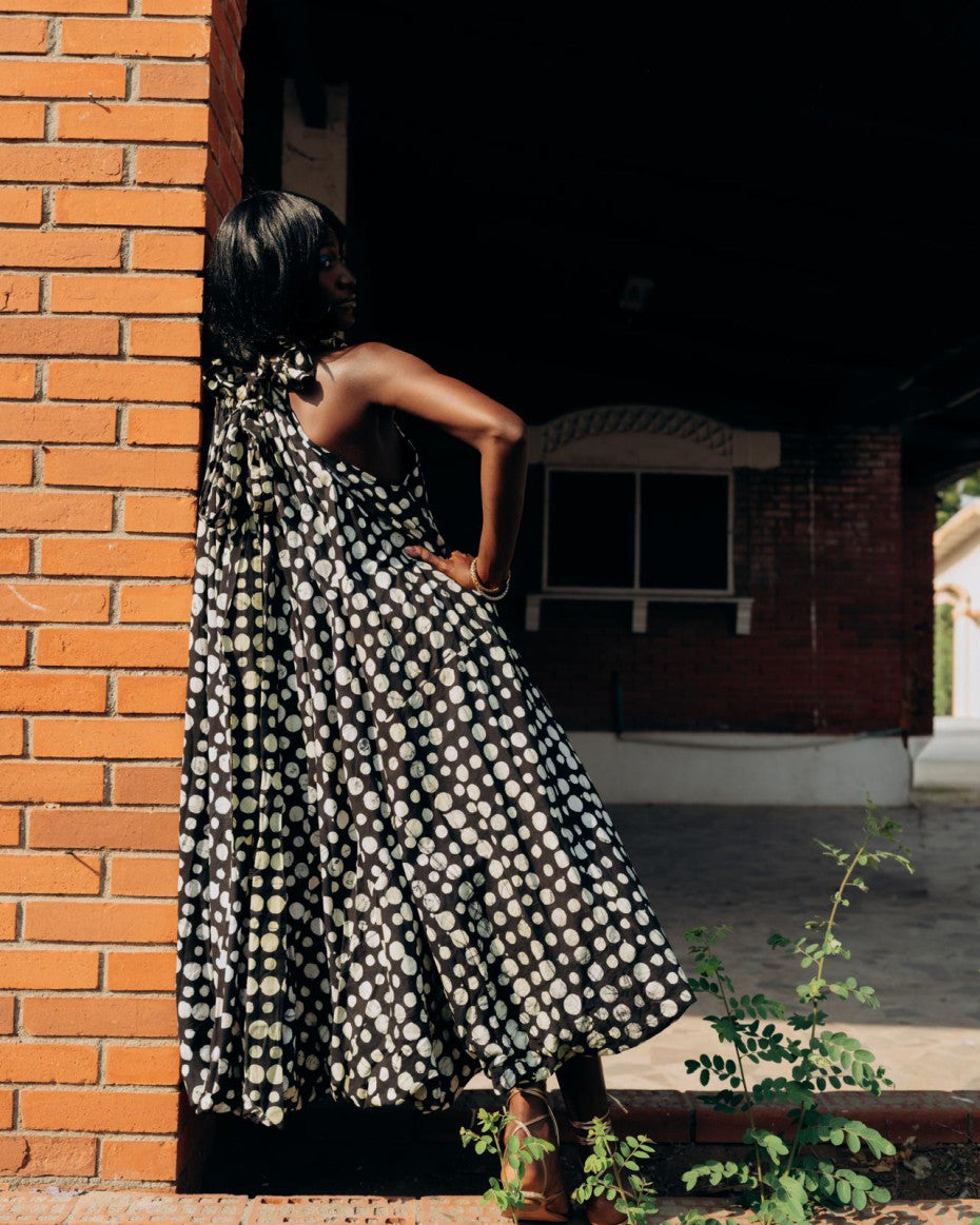Nyȯsi Polkadot Puff Maxi Dress with Ruffle Neck Detail NYOSI