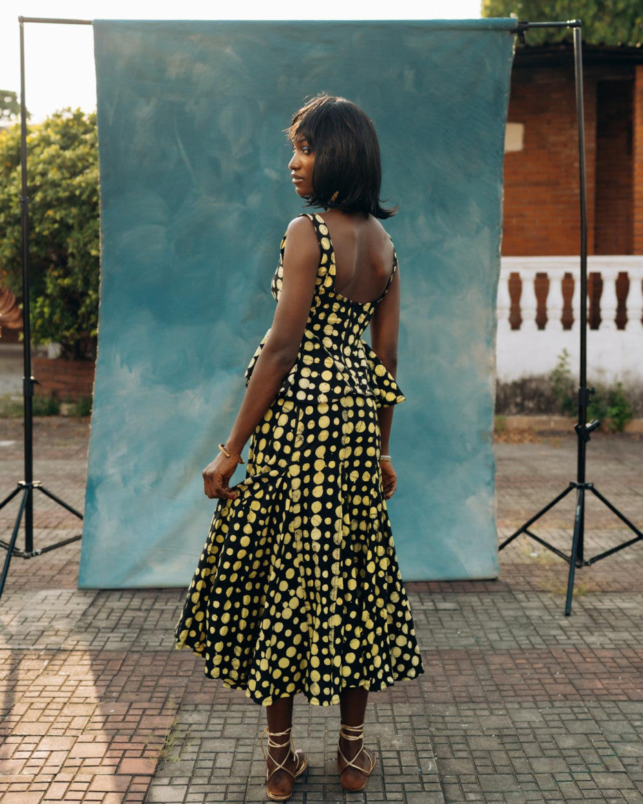 Nyȯsi Polkadot Ruffle Neck Puff Blouse with Matching Godet Midi Skirt NYOSI