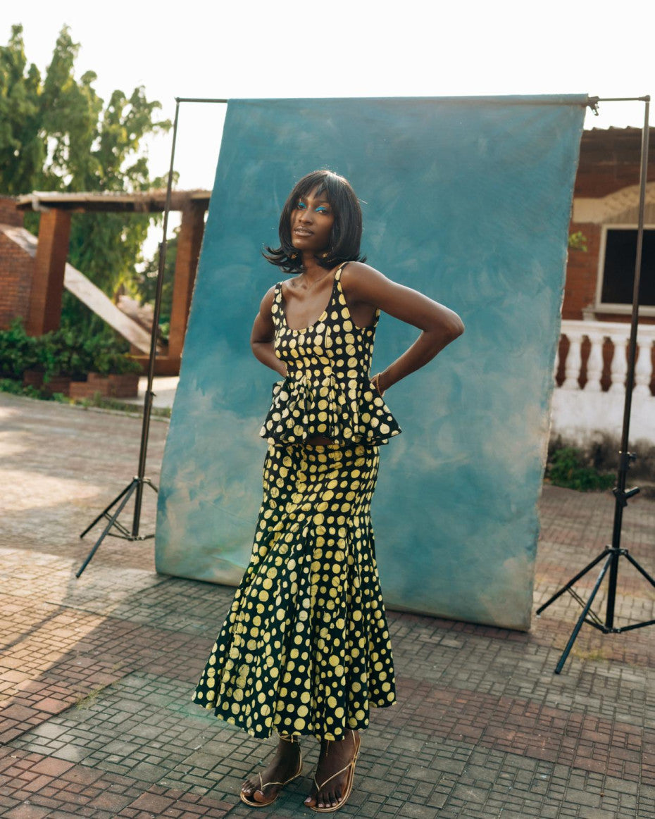 Nyȯsi Polkadot Ruffle Neck Puff Blouse with Matching Godet Midi Skirt NYOSI