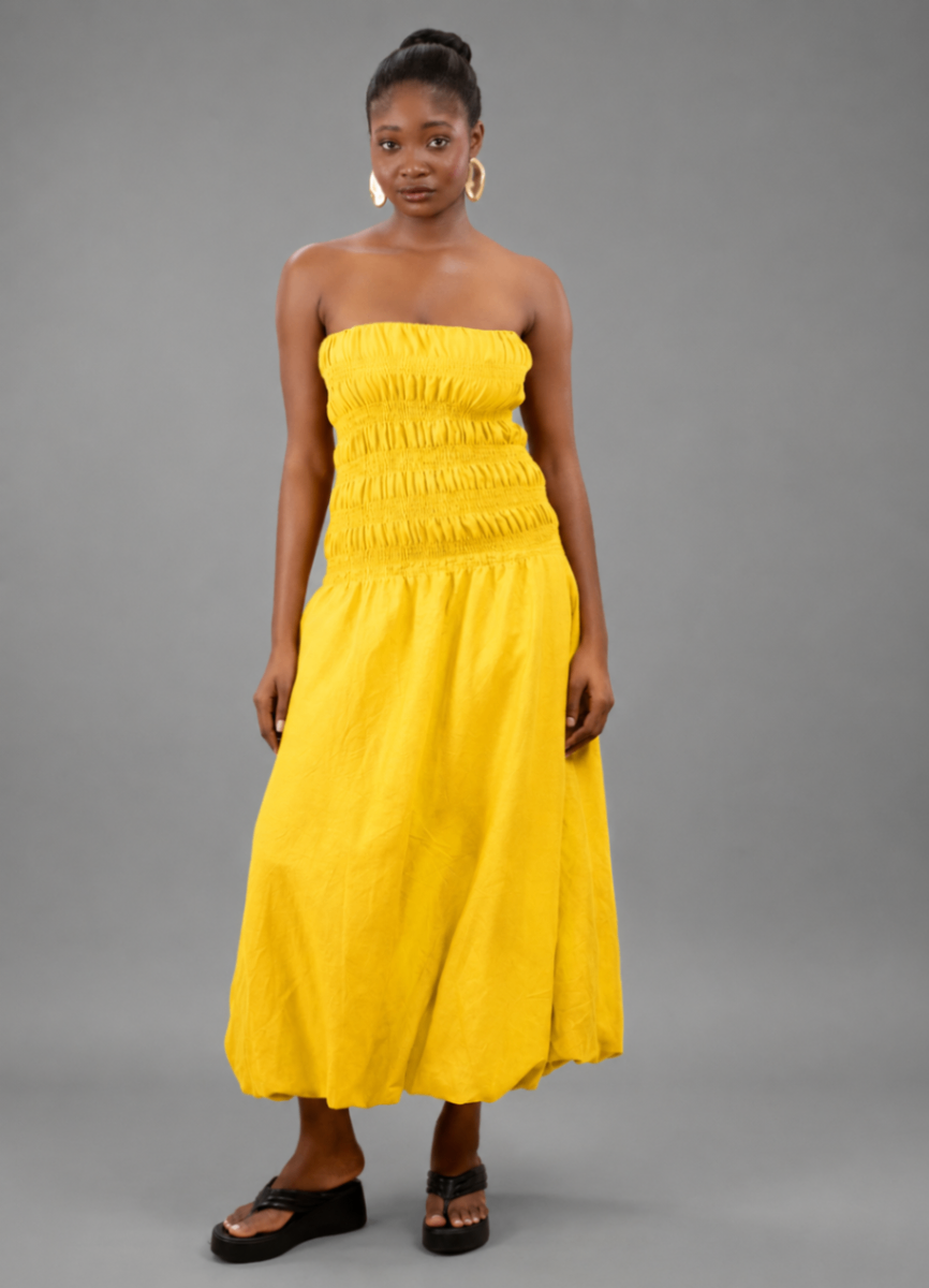 Twentysix Butter Yellow Linen Bulb Midi Dress Twentysix