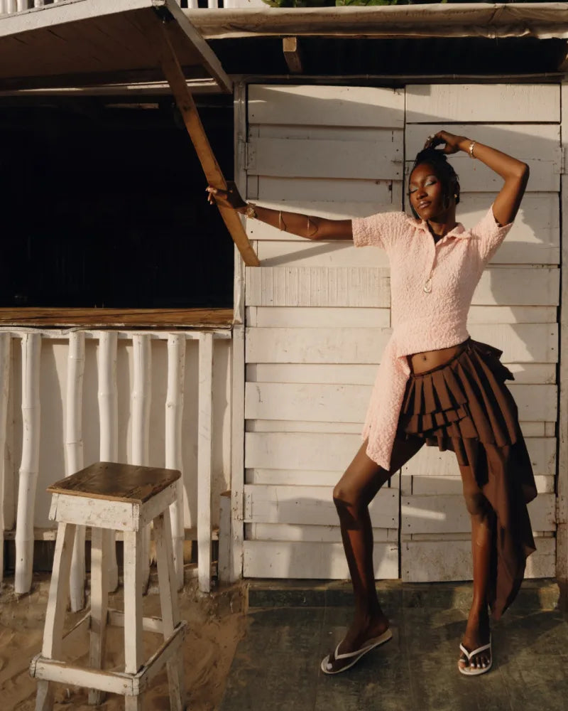 Nyosi Brown Pleated Layered Skirt with Asymmetric Hem NYOSI