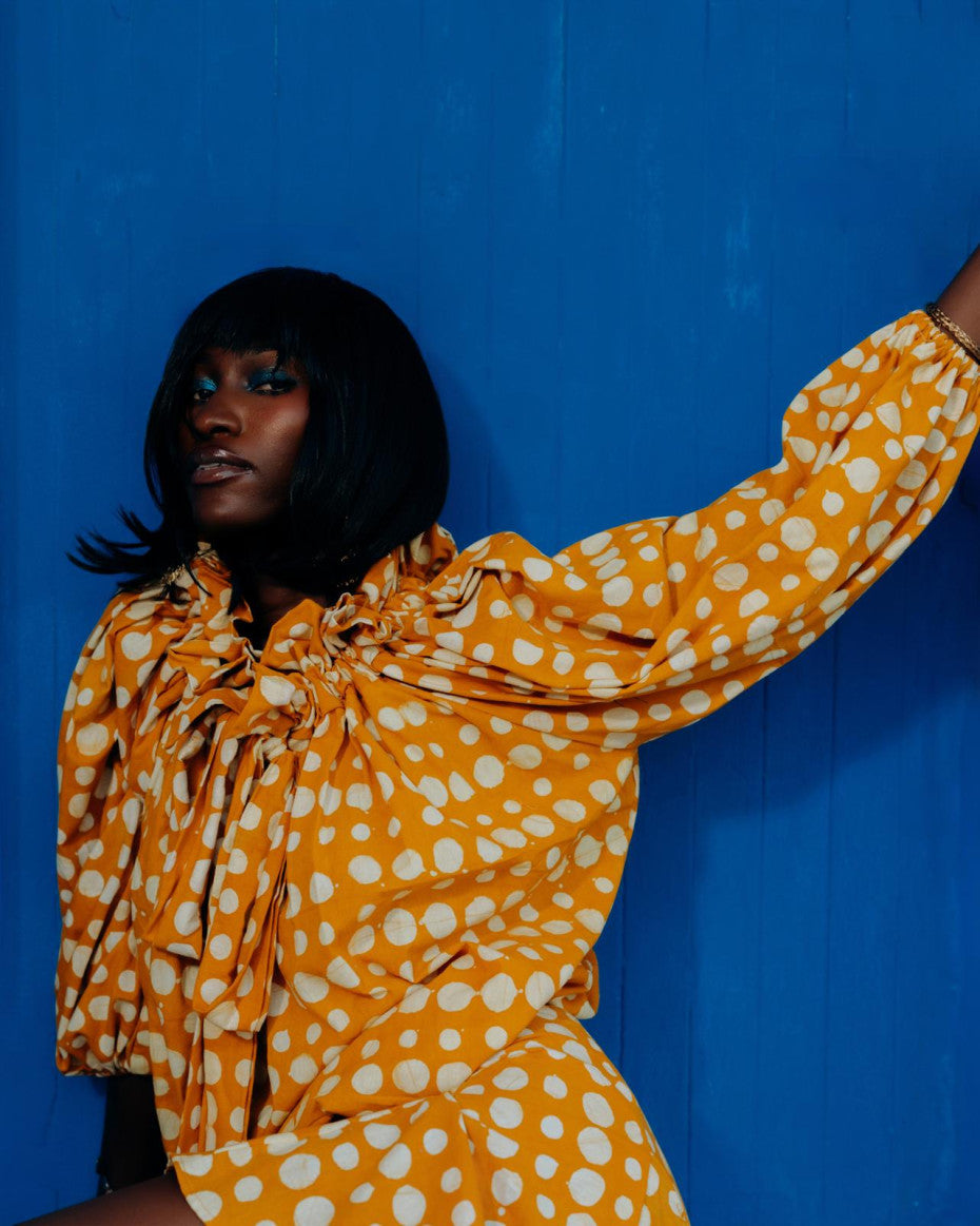 Nyȯsi Polkadot Ruffle Neck Puff Blouse with Matching Godet Mini Skirt NYOSI