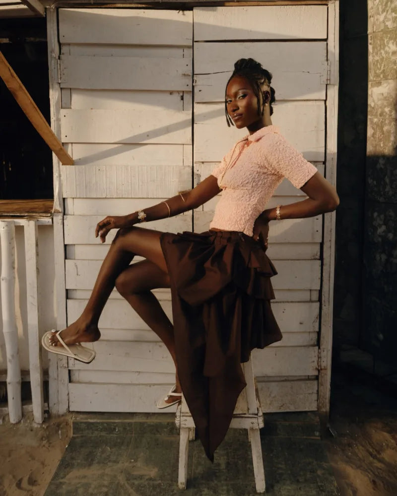 Nyosi Brown Pleated Layered Skirt with Asymmetric Hem NYOSI
