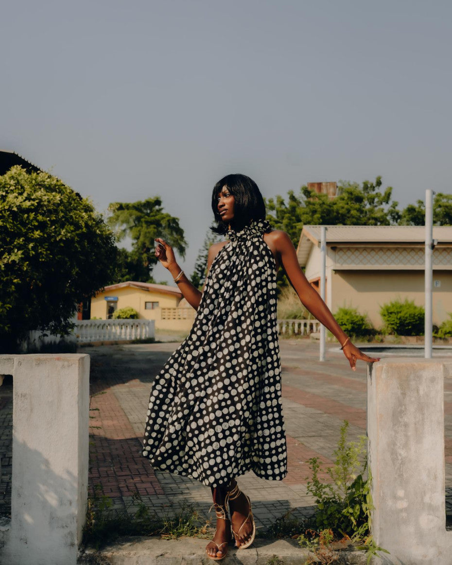 Nyȯsi Polkadot Puff Maxi Dress with Ruffle Neck Detail NYOSI