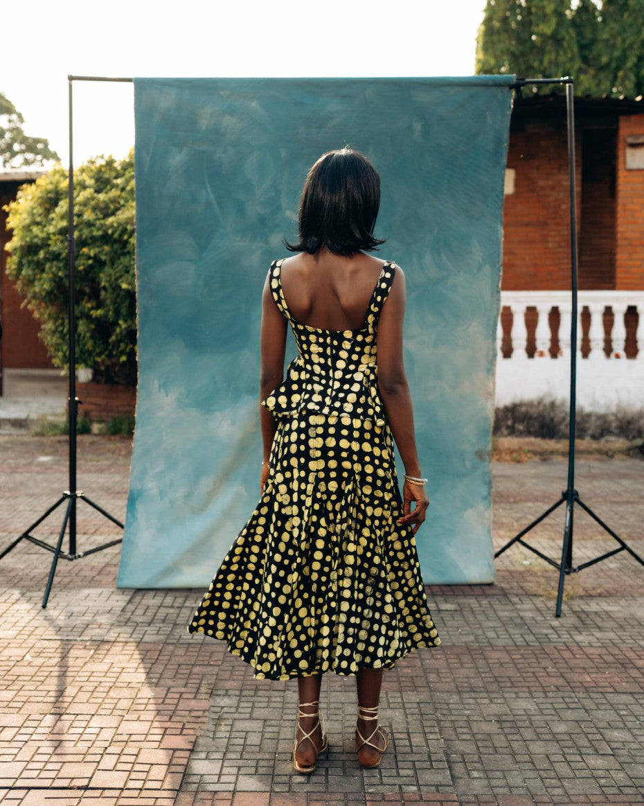 Nyȯsi Polkadot Ruffle Neck Puff Blouse with Matching Godet Midi Skirt NYOSI